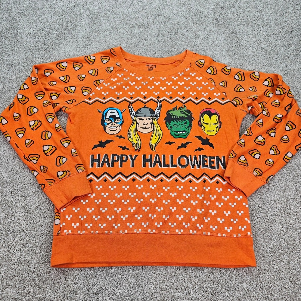 Marvel Womens S Happy Halloween Sweatshirt‎ Candy Corn Captain America Thor Iron